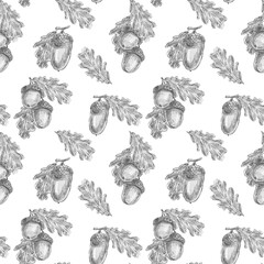 Hand drawn oak leaves and acorns seamless pattern in pencil sketch style. Ideal for wilderkind decor, autumn textile print, organic packaging, cottagecore wrapping paper, farmhouse wallpaper. © Margarita