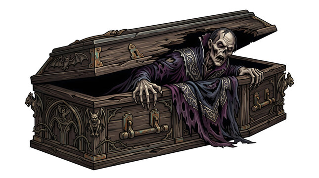 Ancient vampire rising from ornate wooden coffin for gothic horror storytelling or spooky game scene.