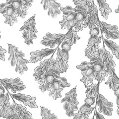 Hand drawn oak branches with leaves and acorns seamless pattern in pencil sketch style. Ideal for wilderkind decor, autumn textile print, organic packaging, cottagecore wrap, farmhouse wallpaper. © Margarita