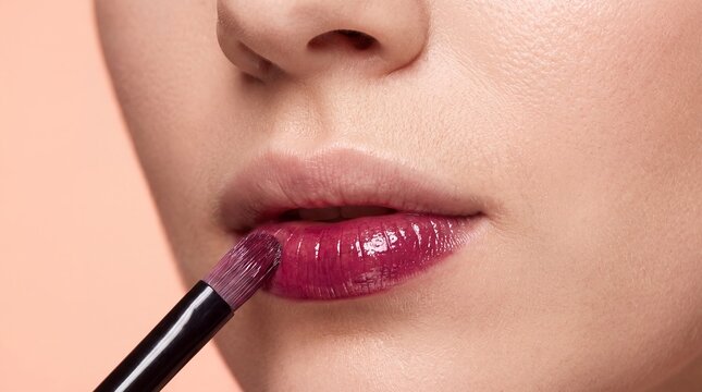 Lipstick lips makeup brush beauty cosmetic pink gloss woman closeup. A brush applies glossy berry lipstick to a woman's lips for commercial advertising lifestyle campaigns product advertising