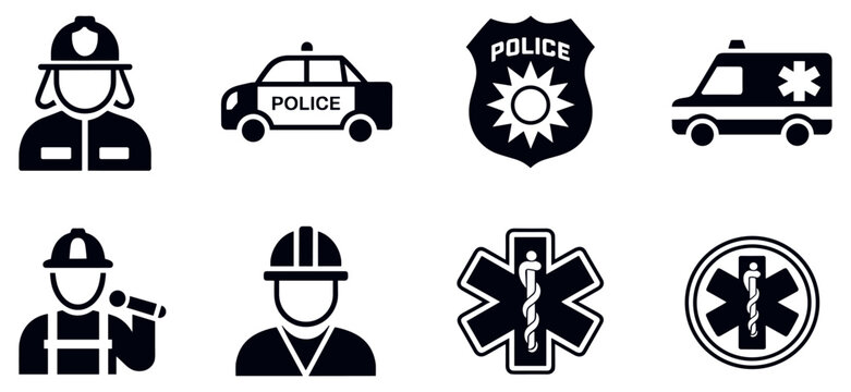 Emergency Services Icons: A collection of graphic icons representing essential emergency services, including firefighters, police, and medical personnel, symbolizing safety and public assistance.