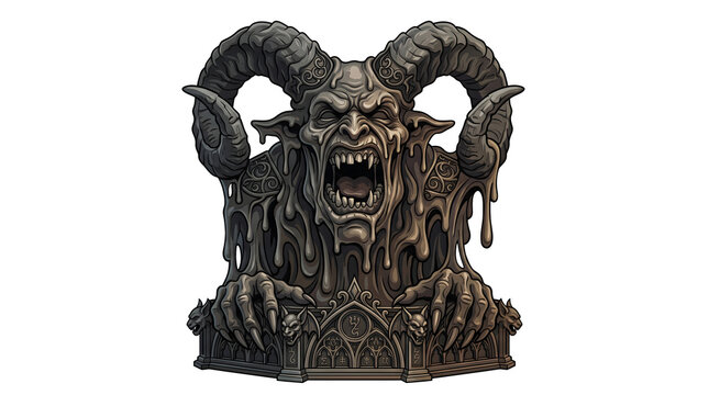 Crying demon monster bust with open mouth and dripping slime on gothic pedestal.