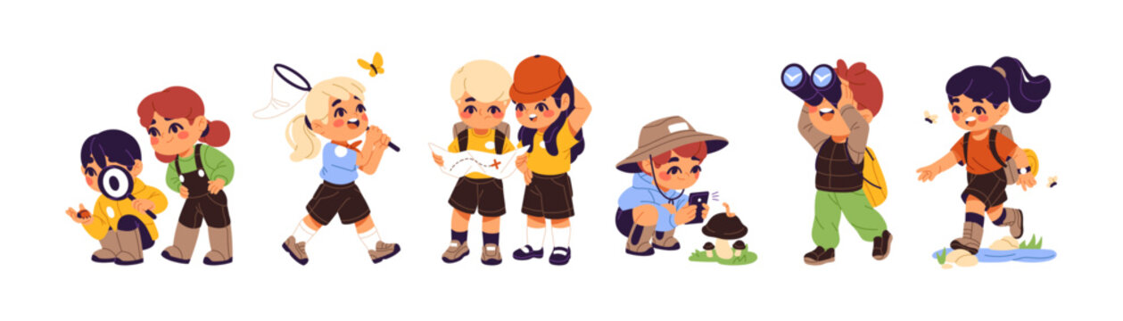 Children are hiking set. Cute scout kids with backpacks and map walk and study in forest. Child outdoor adventure in summer. Happy children are hiking in forest. Child camp in the nature in summer