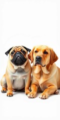 Obraz premium Pug and golden labrador retriever sitting side by side on white background, enjoying each other's company, friendship goals, large dog