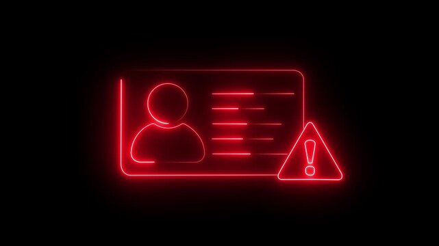 Glowing red neon id card with warning alert symbol for cybersecurity and identity theft protection identification