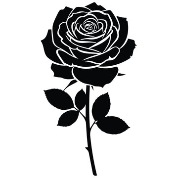 Black and white single rose vector silhouette illustration for floral designs and tattoos.