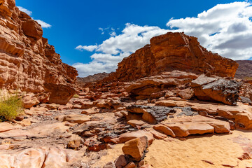 Red sandstone canyon and dry rocky streambed © Ruslan Bolgov