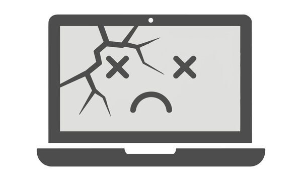 Minimalist monoline icon of a damaged laptop with a cracked screen and a sad face on the display, isolated on white. Computer breakdown concept