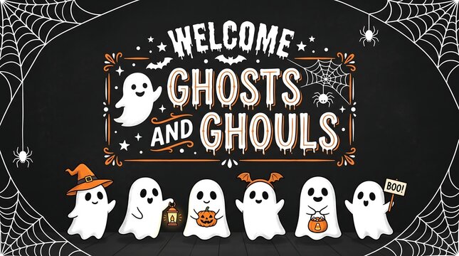 Halloween welcome sign with cute ghost characters and spider webs