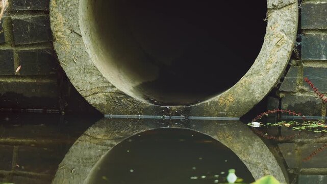 Close view of concrete wastewater pipe at polluted canal edge with dark water reflection. Sewer outlet beside old brick wall and aquatic debris. Water contamination and urban drainage problem near