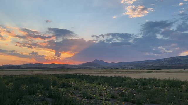 Sunset Pan Across Develi Farmland Toward Mount Erciyes in Kayseri Turkey