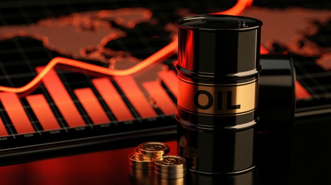 A gleaming barrel of petroleum sits beside a stack of gold coins on a dark reflective surface with a red economic graph and world map in the background.