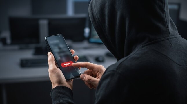 Rear view of an anonymous hacker in a black hoodie pressing a red hack button on a smartphone screen, mobile cybersecurity threat and cybercrime concept