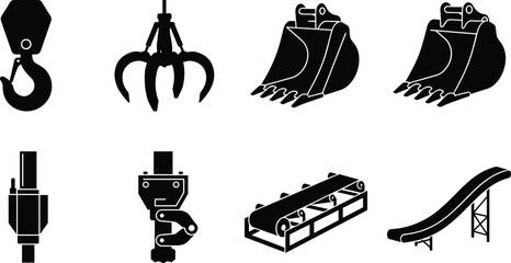 Naklejka premium Heavy machinery and construction equipment icon set featuring crane hook excavator bucket grab conveyor belt and hydraulic tools