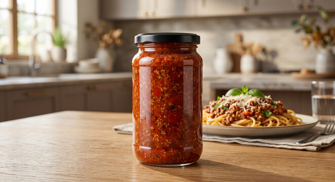 A close-up shot of a jar of homemade tomato pasta sauce sits on a wooden table, with a plate of spaghetti bolognese in the background