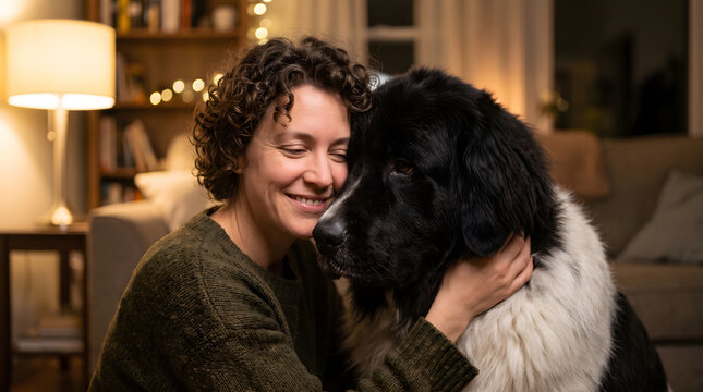 Woman Embraces Beloved Newfoundland Dog Indoors.