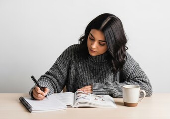 Obraz premium Woman reading a book at a wooden desk with office supplies