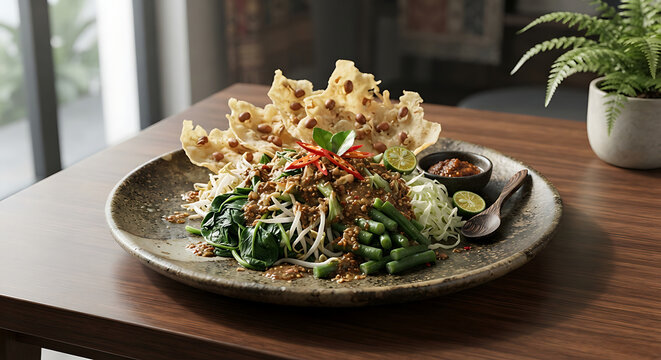 Traditional Indonesian vegetable salad pecel with peanut sauce and rempeyek crackers