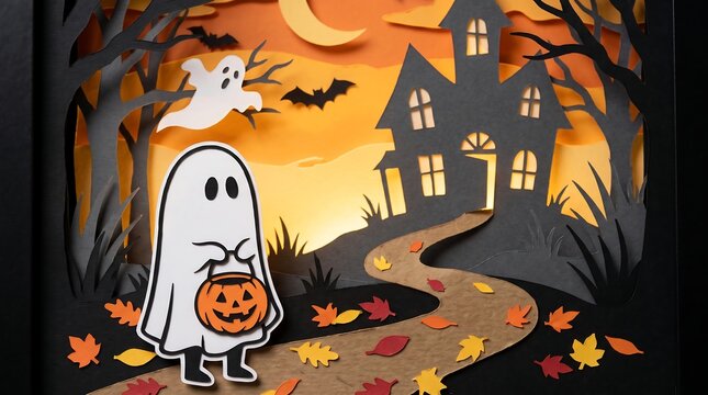 Halloween cartoon ghost holding pumpkin walking towards haunted house