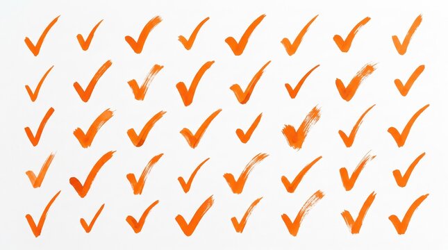 Collection of hand painted orange check marks on white, artistic brush stroke ticks symbolizing success, approval, validation, positive feedback, correct answers, completed tasks