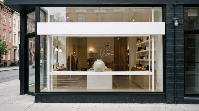 Modern boutique storefront with minimalist window display and ceramic vase decor.