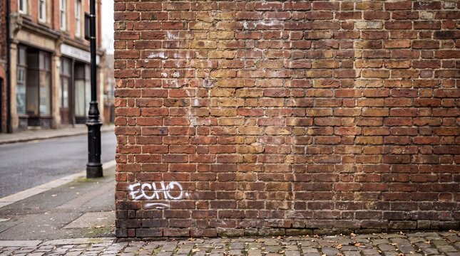 A weathered red brick wall with white graffiti on a quiet urban street corner with graffiti text painted painted lower section stands street
