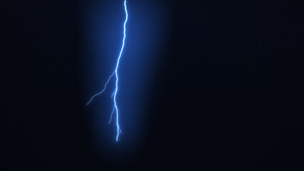 Blue lightning bolt with branching forks striking down on a dark navy background, for storm and energy themes © Allen