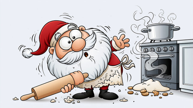 Clumsy cartoon Santa Claus cooking in the kitchen with a rolling pin, humor, flat design illustration