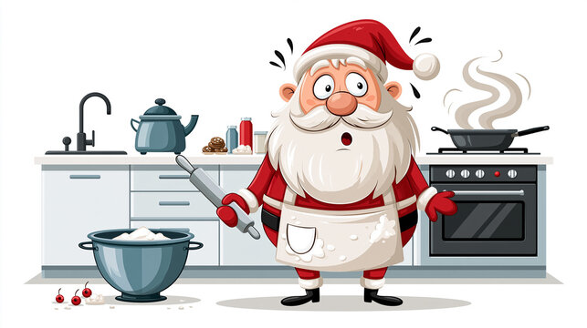 Clumsy cartoon Santa Claus cooking in the kitchen with a rolling pin, humor, flat design illustration