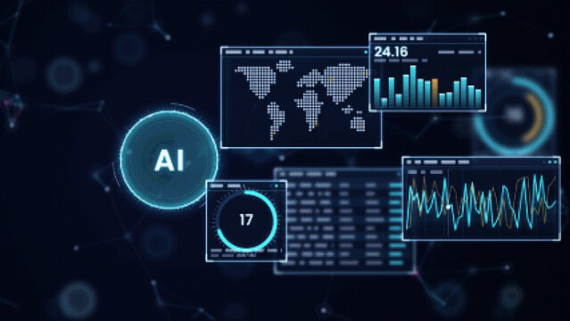 AI dashboard with a dotted world map, bar charts, waveform panel, and progress ring on a dark blue halftone background
