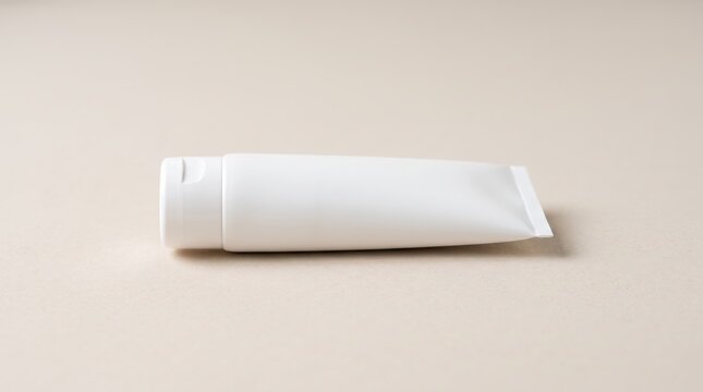 Blank white cosmetic tube mockup lying horizontally on neutral beige, minimalist packaging design template for cream, lotion, shampoo, gel, toothpaste, skincare product