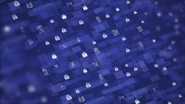 Padlock icons and data blocks in a diagonal pattern on a blue background, for cybersecurity, privacy, and encryption themes