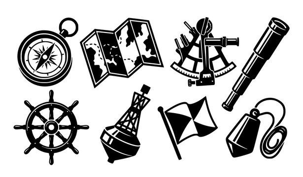 Nautical navigation equipment black silhouette vector icon set featuring compass sextant binoculars chart ship wheel lantern and anchor