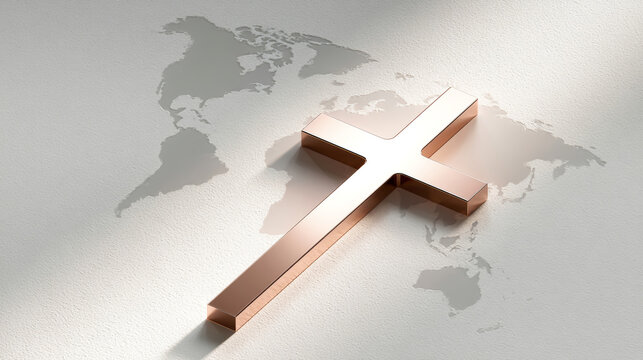 A cross is positioned on a world map with outlines of various countries. The map has light colors and the cross stands out as a central focus of the scene