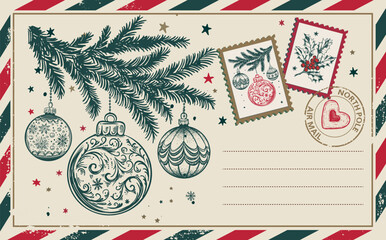 Obraz premium Vintage Christmas Postcard with ball and Stamps 