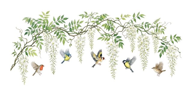 Watercolor illustration of white wisteria flowers and small garden birds