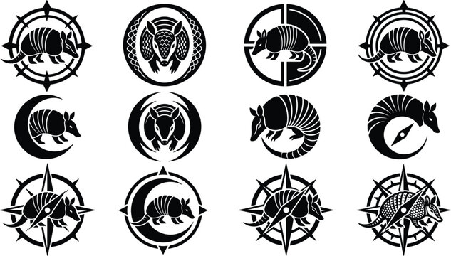 Armadillo and Compass Icons Collection with Armadillo Animal Silhouettes in Circular Navigation and Directional Designs