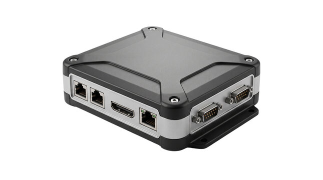 Industrial embedded computer with rugged metal chassis. Compact fanless PC for automation. IoT gateway device with ethernet and serial ports.