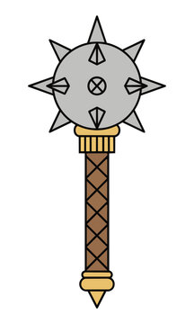 Spiked medieval mace icon with a textured handle in a clean flat design, isolated on a white background. Historical weapon design concept