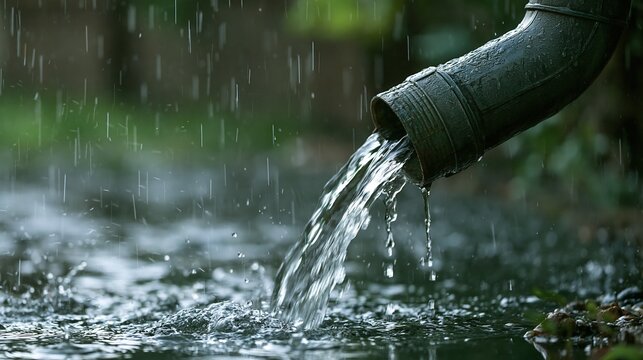 Water flowing from metal drainpipe during heavy rain in garden