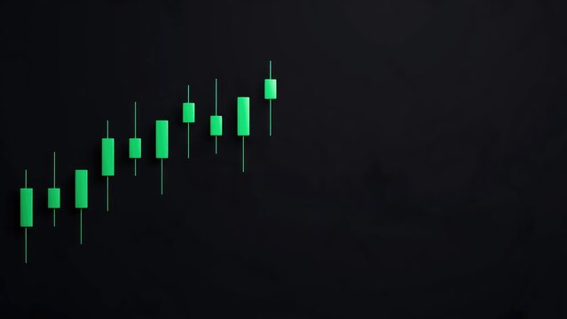 Green Candlestick Chart Showing Upward Trend on Black Background.