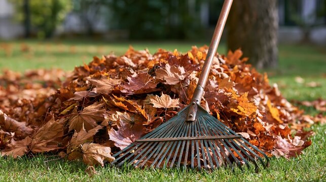 Raking fallen autumn leaves in residential yard during fall cleanup