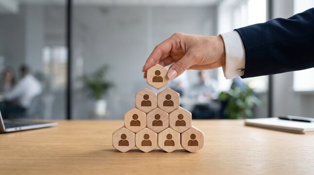 Business of team building and organizational hierarchy, hand placing wooden block with person icon on top of pyramid structure, symbolizing leadership, recruitment