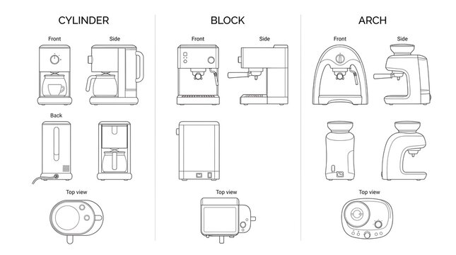 Industrial design blueprint illustration of modern espresso machines with front side and top view orthographic projections