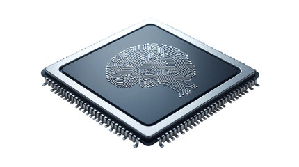 Obraz premium Artificial intelligence microchip with brain circuit pattern, futuristic CPU processor for machine learning, neural network hardware on white background