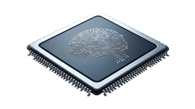 Artificial intelligence microchip with brain circuit pattern, futuristic CPU processor for machine learning, neural network hardware on white background