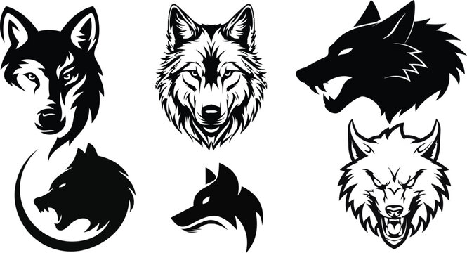 Collection of black and white wolf head illustrations for tattoo designs and graphic logo art