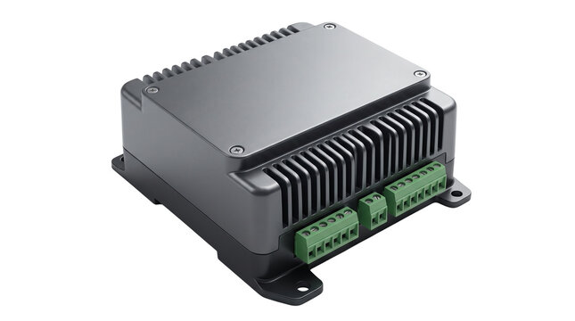 Industrial electronic control unit with heat sink, rugged metal enclosure for automation, gray aluminum housing with green terminal blocks