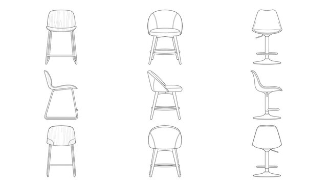 Technical orthographic line drawings of modern bar stool designs from multiple angles