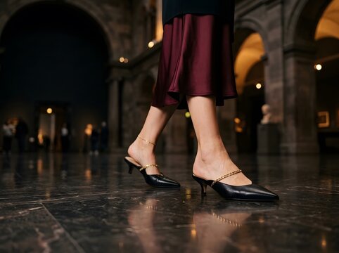Woman walking in elegant black kitten heels and burgundy skirt in a luxury museum hall